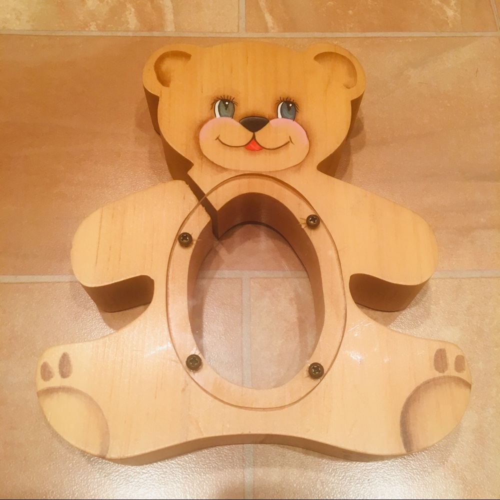NWOT Vintage Kids Cute Wooden Bear Savings Money Coin Piggy Bank